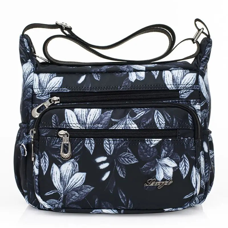 Flower Printed Multi-Pocket Nylon Shoulder Bag