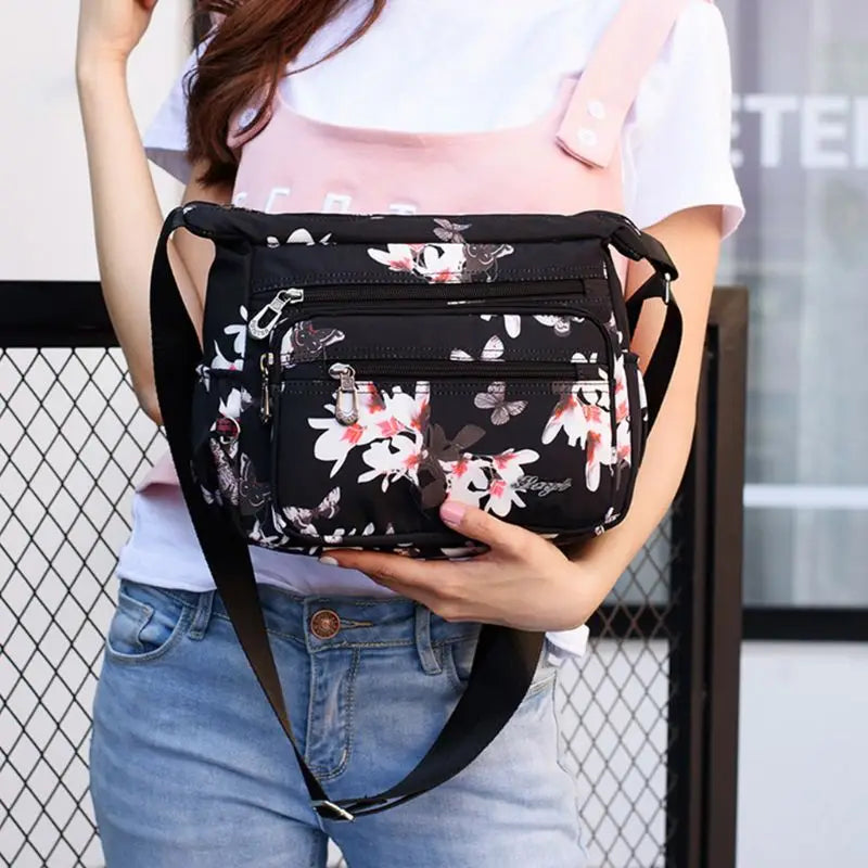 Flower Printed Multi-Pocket Nylon Shoulder Bag