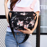 Flower Printed Multi-Pocket Nylon Shoulder Bag