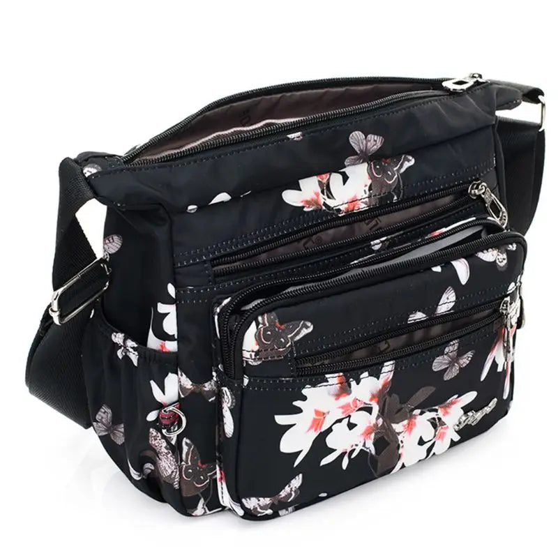 Flower Printed Multi-Pocket Nylon Shoulder Bag