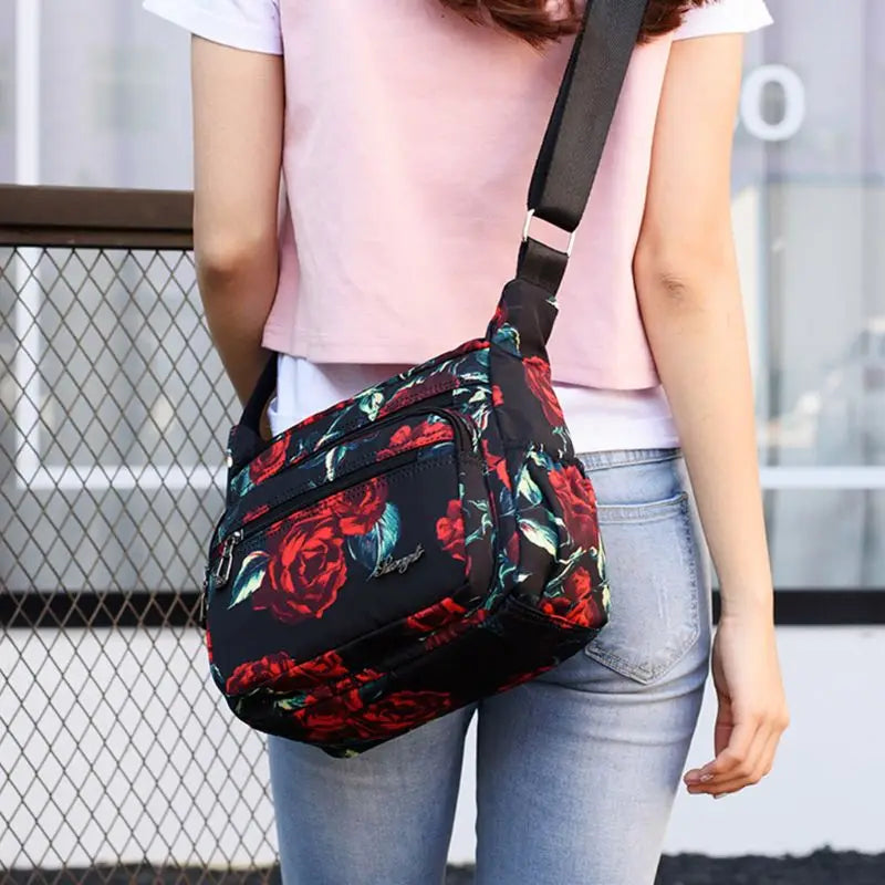 Flower Printed Multi-Pocket Nylon Shoulder Bag