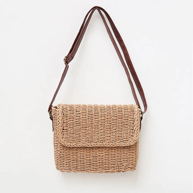 Beige Brown Ladies Shoulder Straw Bag Mini Woven Flip Sweet Pastoral Girls Bag