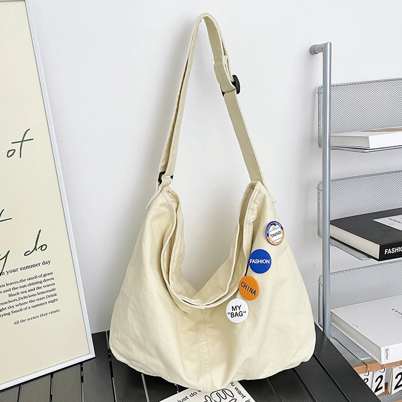 Female Canvas Hobo Shoulder Bag Y2K Grunge School Book Laptop Side Pouch