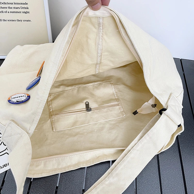 Female Canvas Hobo Shoulder Bag Y2K Grunge School Book Laptop Side Pouch