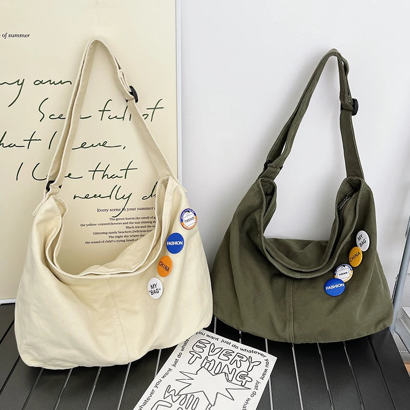 Female Canvas Hobo Shoulder Bag Y2K Grunge School Book Laptop Side Pouch