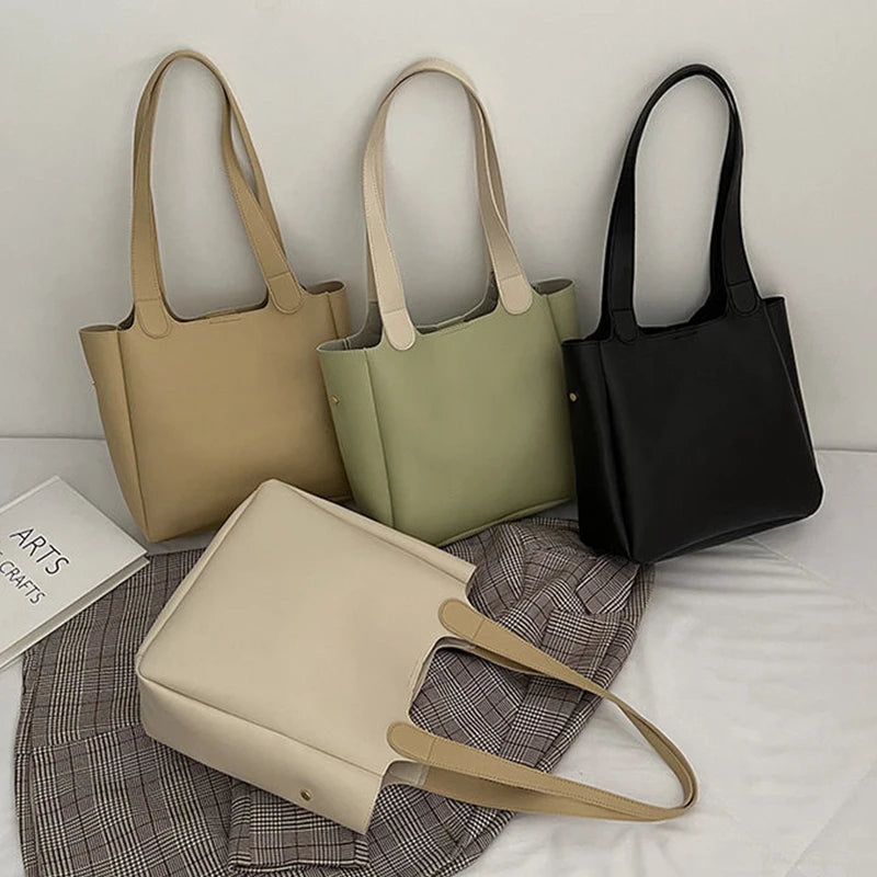 Big Capacity Casual Shoulder Bags Tote INS Black/Beige Solid Female Bags