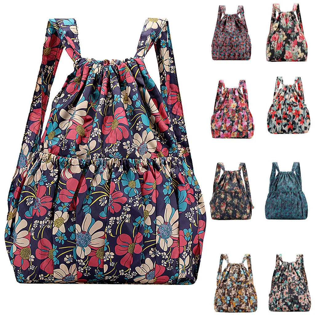 Vintage Drawstring Backpack Large Capacity Flower Waterproof Nylon Rucksack