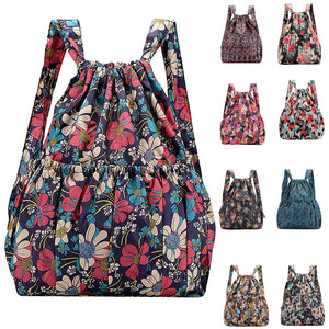 Vintage Drawstring Backpack Large Capacity Flower Waterproof Nylon Rucksack