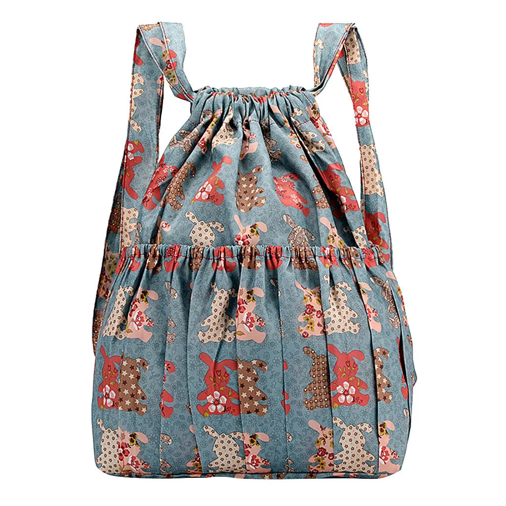 Vintage Drawstring Backpack Large Capacity Flower Waterproof Nylon Rucksack