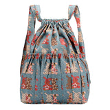 Vintage Drawstring Backpack Large Capacity Flower Waterproof Nylon Rucksack
