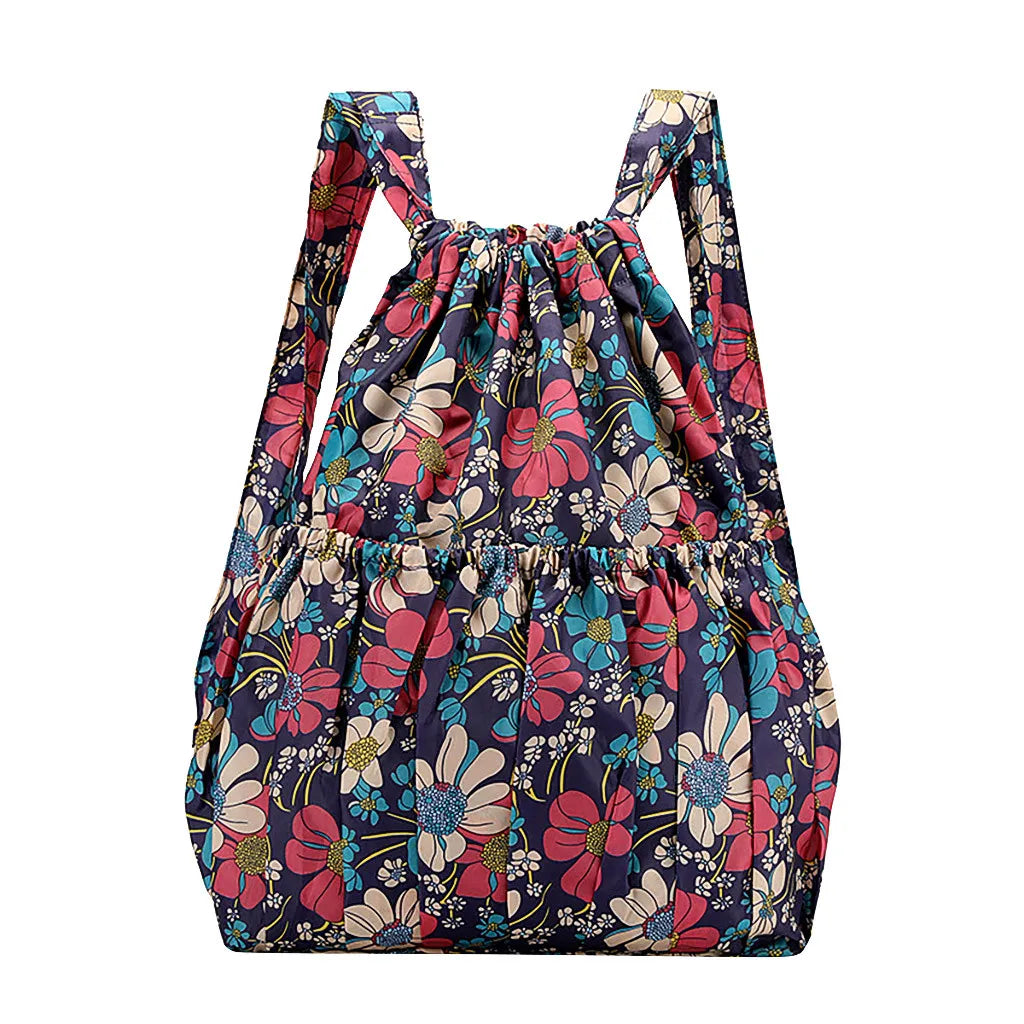 Vintage Drawstring Backpack Large Capacity Flower Waterproof Nylon Rucksack