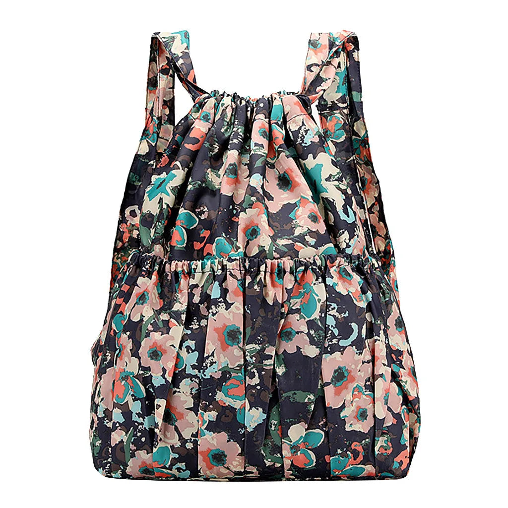 Vintage Drawstring Backpack Large Capacity Flower Waterproof Nylon Rucksack