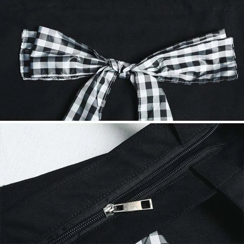 Plaid Bow Canvas Shoulder Bag Zipper Large Capacity Totes Bag Harajuku Style