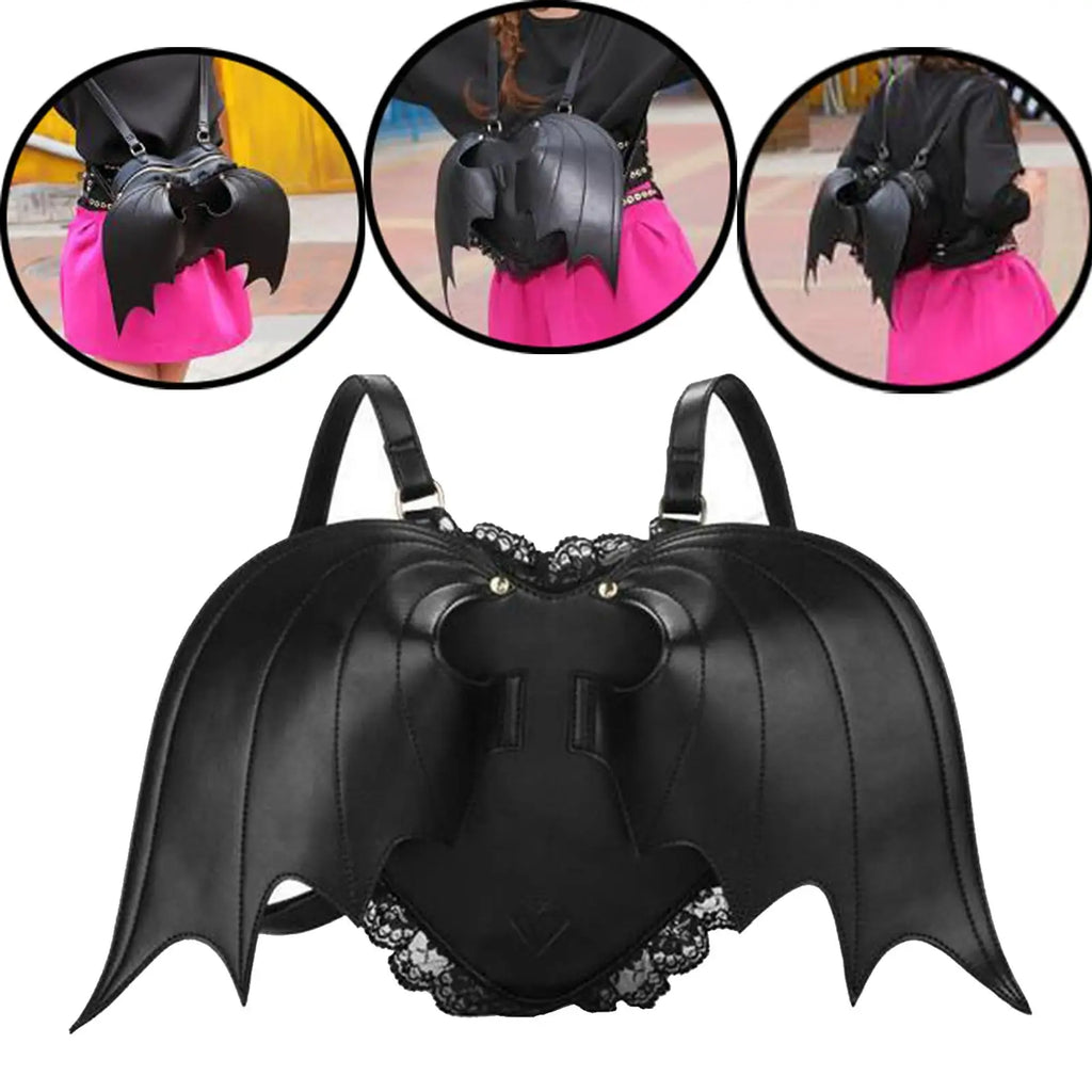 Bat Wing Backpack Goth Punk Leather Daypack Lace Wing Bag