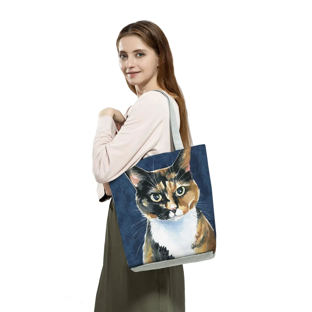 Cat Print Animal Art Painting Shopping Hand Bag Women Shoulder Bag