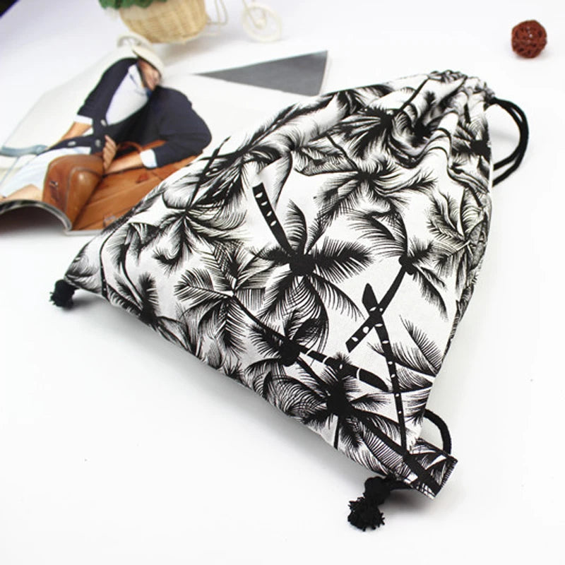 Coconut Tree Drawstring Backpack Women Backpacks Bag Canvas Sport Gym Sack Bags