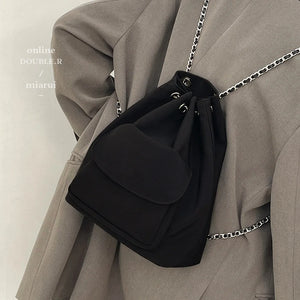 Women's Casual Drawstring Chain Bucket Bag Nylon Backpack