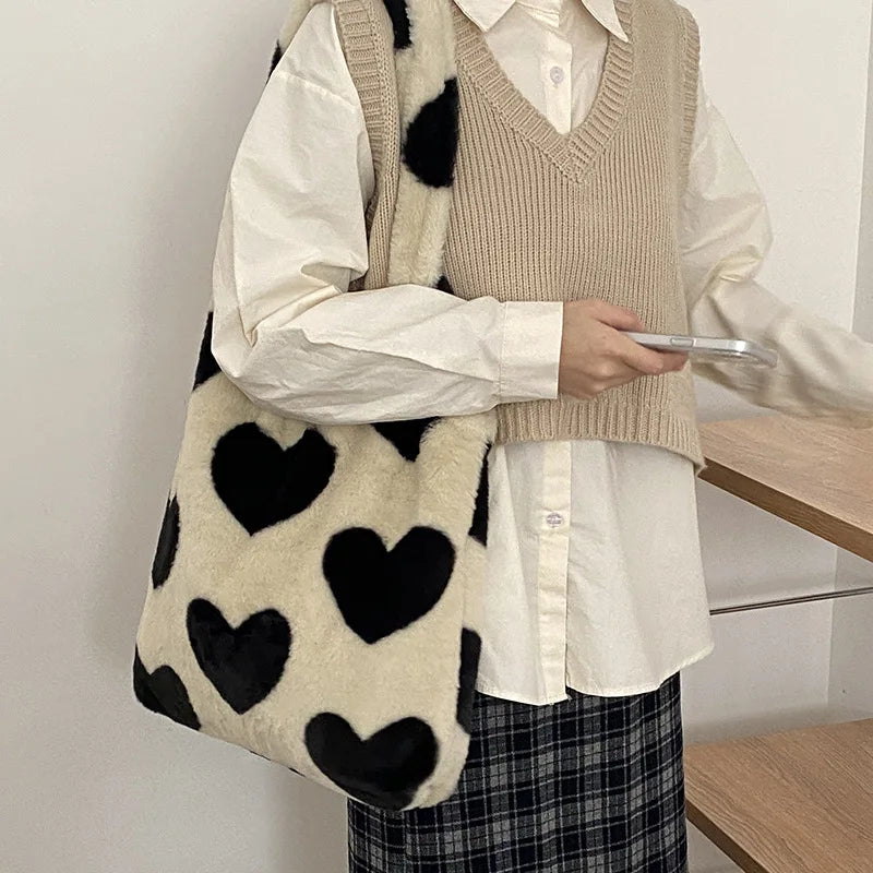 Heart Plush Shoulder Bag Women's Winter Bag Large Capacity Tote Bag