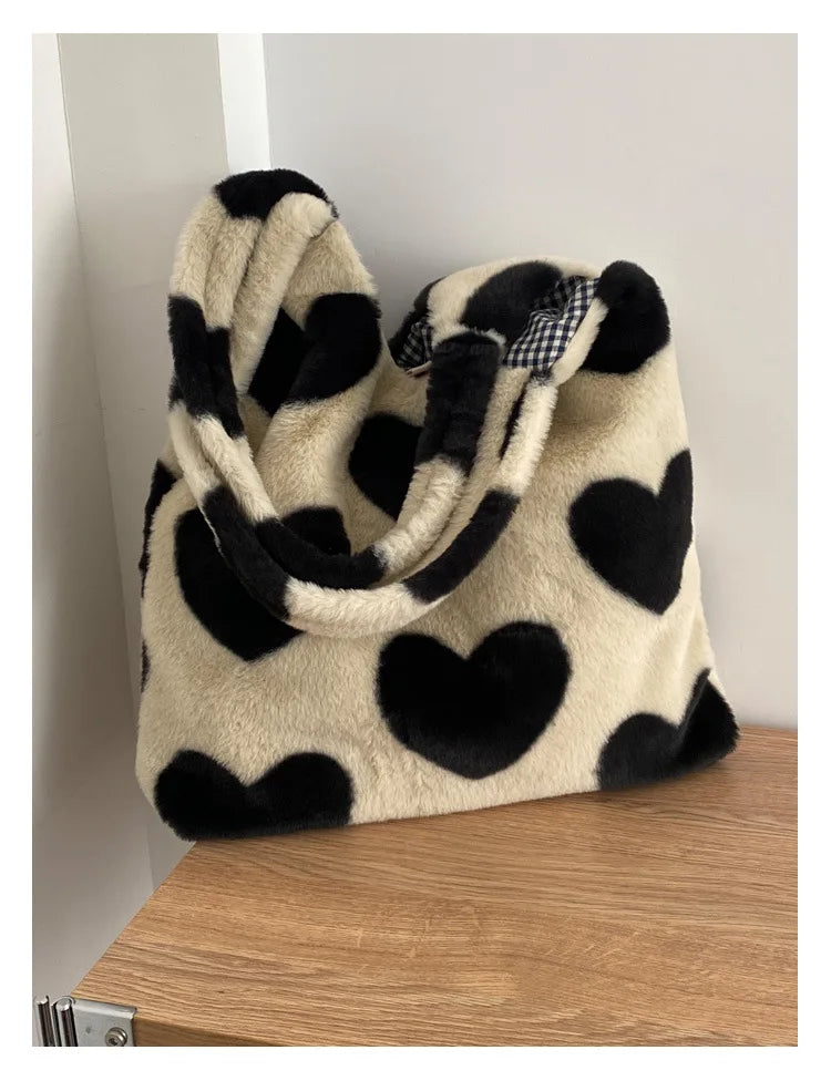 Heart Plush Shoulder Bag Women's Winter Bag Large Capacity Tote Bag