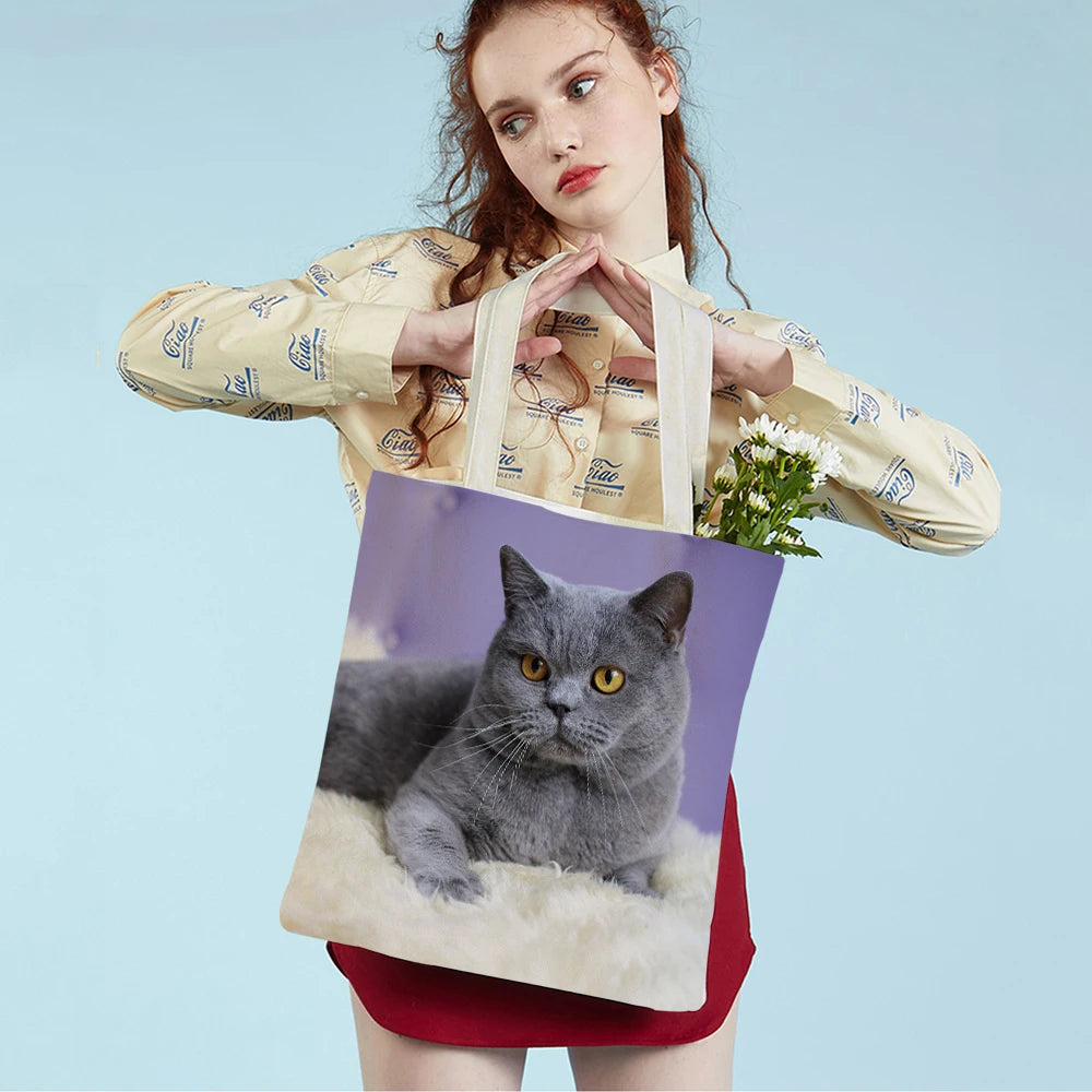 British Shorthair Casual Shopping Bag Women Double Print Cat Pet An