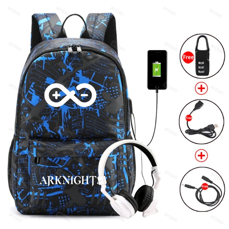 Arknights Backpack Anti-Theft Student Rucksack USB Charging Laptop Bag