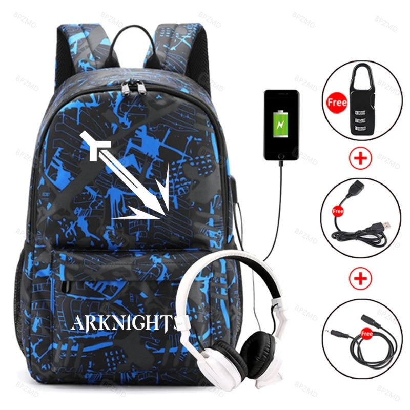 Arknights Backpack Anti-Theft Student Rucksack USB Charging Laptop Bag