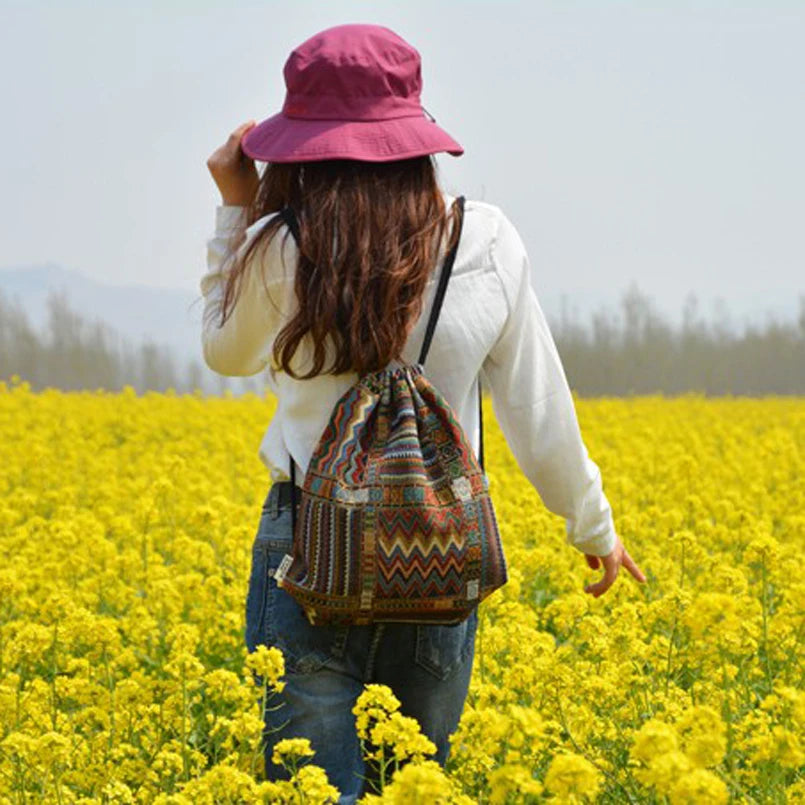 Bohemian Drawstring Backpacks Bag Women Woven Casual Beach Travel Bags