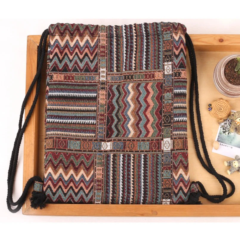 Bohemian Drawstring Backpacks Bag Women Woven Casual Beach Travel Bags