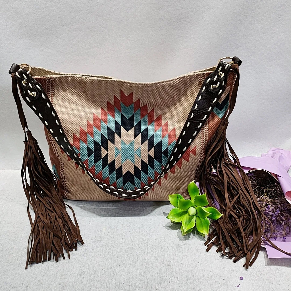 Bohemian Tassel Shoulder Bag Canvas Crossbody Tote