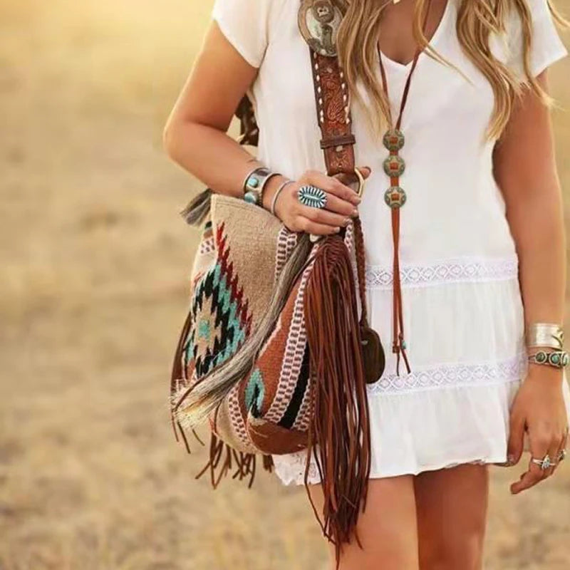 Bohemian Tassel Shoulder Bag Canvas Crossbody Tote