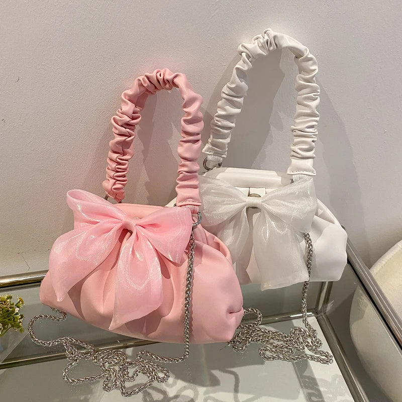 Bow Handbag Crossbody Bags for Women Pleated Shoulder Bag Wedding Party Evening