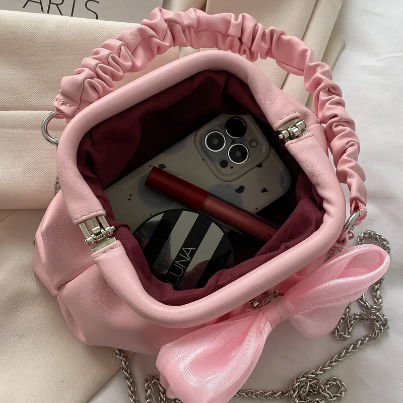 Bow Handbag Crossbody Bags for Women Pleated Shoulder Bag Wedding Party Evening