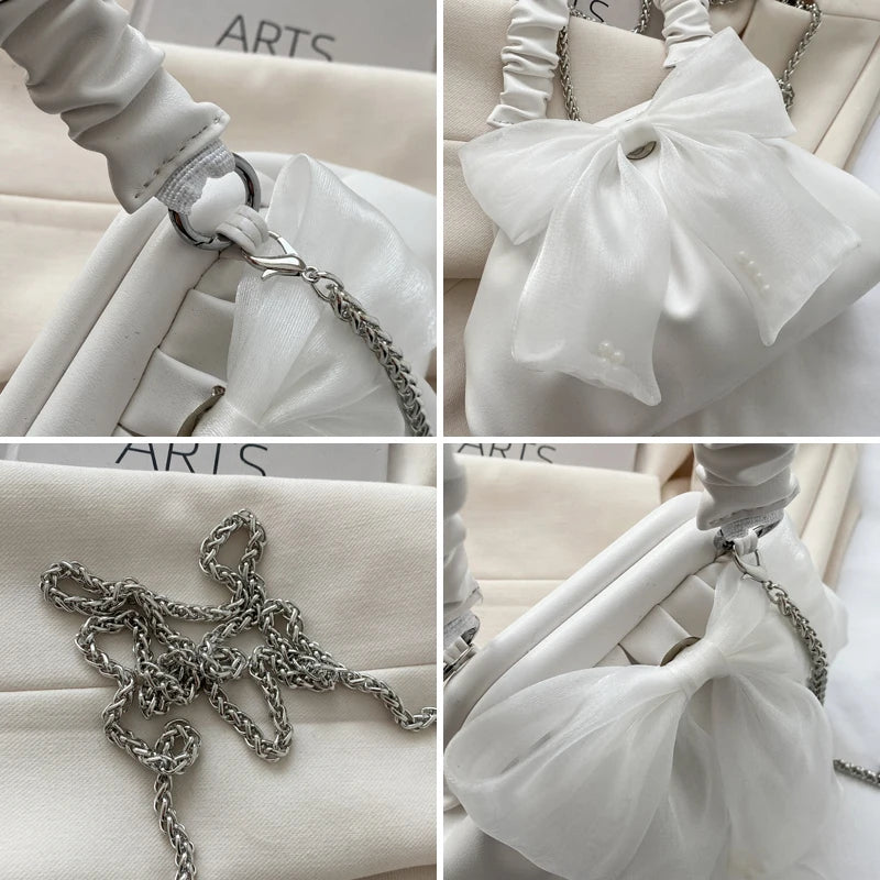 Bow Handbag Crossbody Bags for Women Pleated Shoulder Bag Wedding Party Evening