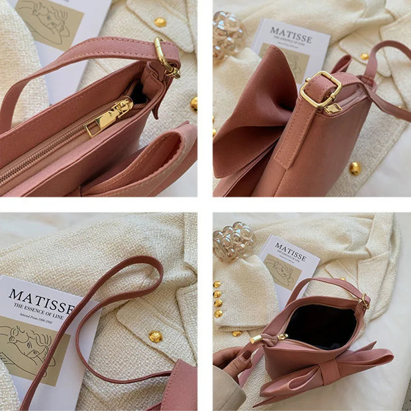 Pink Bow Shoulder Bag Small Handbag PU Leather Zipper Square Bag