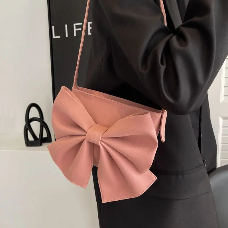 Pink Bow Shoulder Bag Small Handbag PU Leather Zipper Square Bag