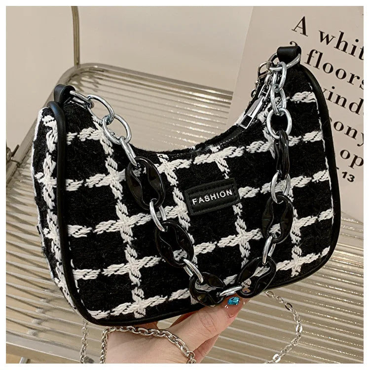 Wool Women's Shoulder Bag Chain Crossbody Bag Half Moon Handbag