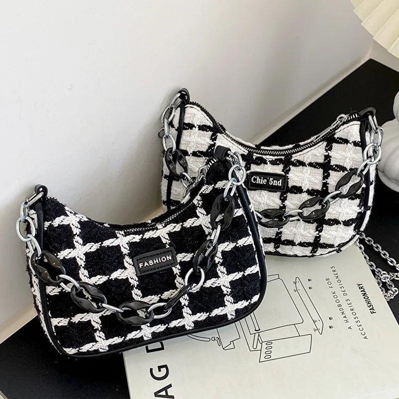 Wool Women's Shoulder Bag Chain Crossbody Bag Half Moon Handbag