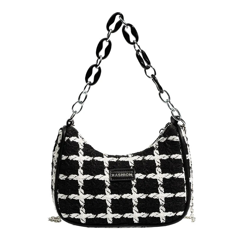 Wool Women's Shoulder Bag Chain Crossbody Bag Half Moon Handbag