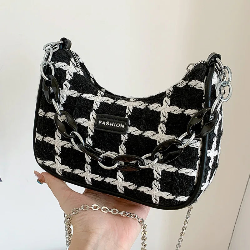 Wool Women's Shoulder Bag Chain Crossbody Bag Half Moon Handbag