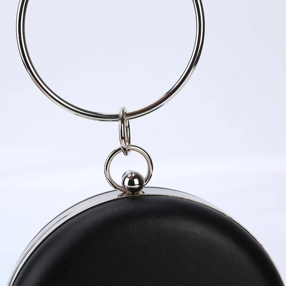 PU Circular Evening Bag Pink Silver Metal Ring Totes Bag