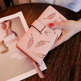 Women Wallets Long Clutch Purses Golden Hollow Leaves Phone Pocket