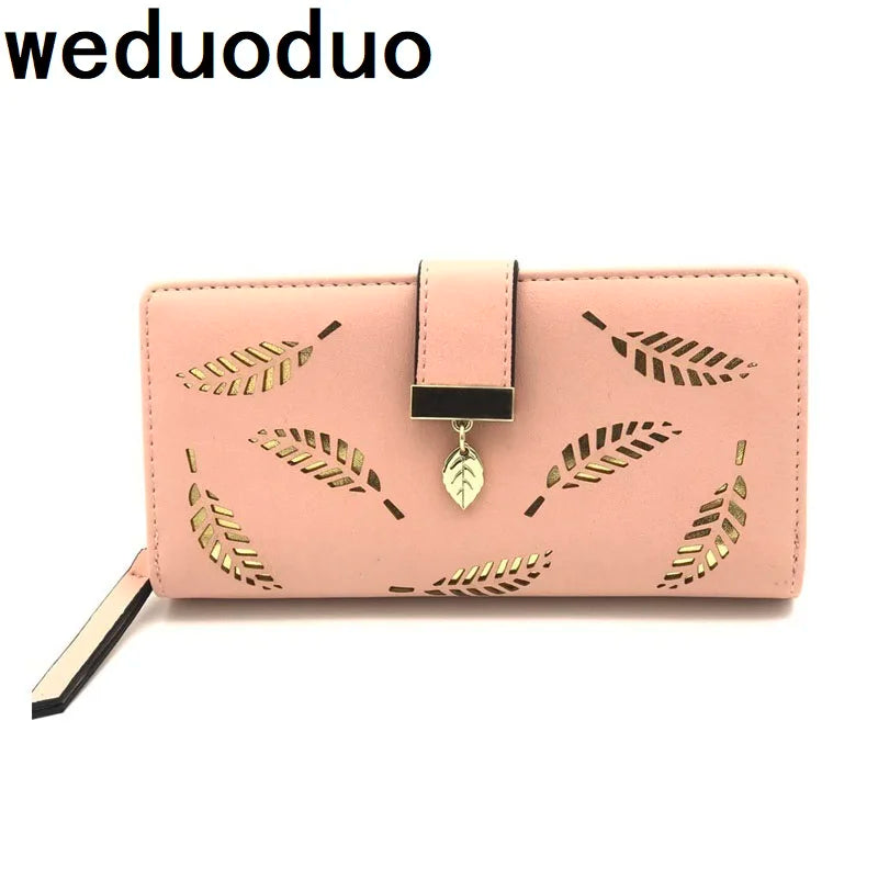 Women Wallets Long Clutch Purses Golden Hollow Leaves Phone Pocket