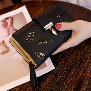 Women Wallets Long Clutch Purses Golden Hollow Leaves Phone Pocket
