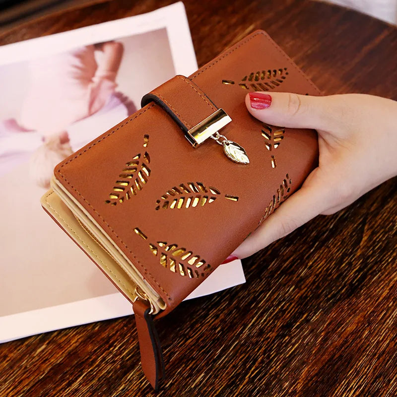 Women Wallets Long Clutch Purses Golden Hollow Leaves Phone Pocket