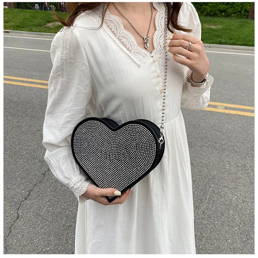 Bright Diamond Heart Shoulder Bags Chain Famous Bags