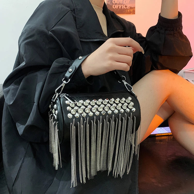 Bright Diamonds Women's Chain Shoulder Bag Fringe Leather Handbag