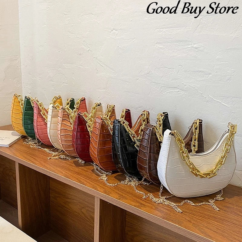 Bright Leather Shoulder Bag with Golden Chains - Office Bag