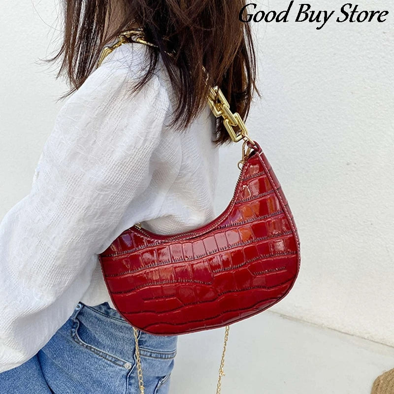 Bright Leather Shoulder Bag with Golden Chains - Office Bag