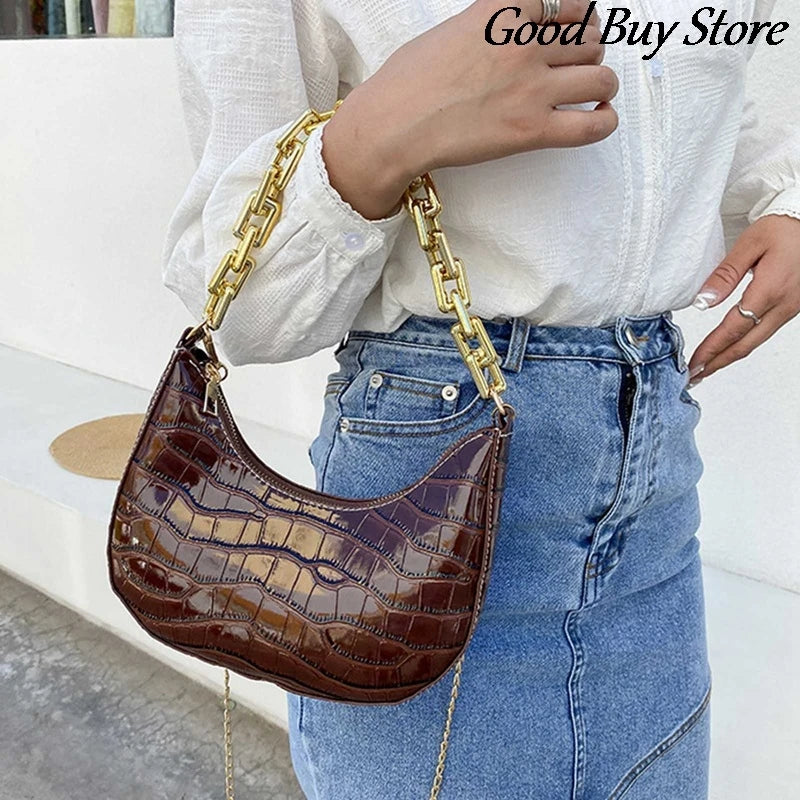 Bright Leather Shoulder Bag with Golden Chains - Office Bag