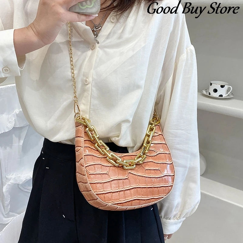 Bright Leather Shoulder Bag with Golden Chains - Office Bag